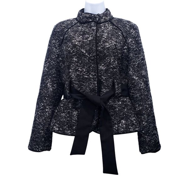Sandro Sportswear Tweed Blazer Jacket Tie Waist Black Size M Moto Dark Feminine - Picture 1 of 11